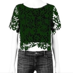 Jennifer Lopez Floral Hunter Green Lace Crop Top Size 14 Women's